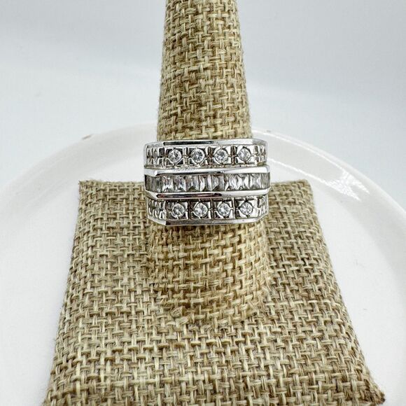 Vintage Sterling Silver 925 Men’s Multi-Band Rhinestone Ring Triple Row Channel - Picture 9 of 14